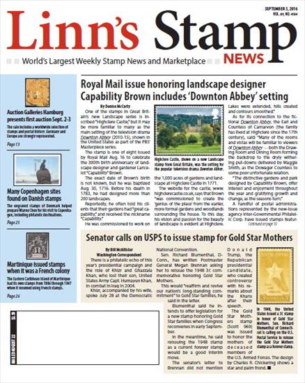 Poster - LINNS STAMP NEWS 2016.09.05 Vol.89 No. 4584 Worlds Largest Weekly Stamp News and Marketplace 2016, PDF.jpg